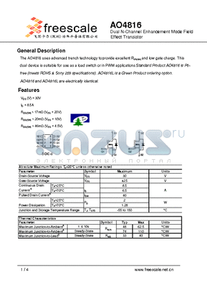 AO4816 datasheet - Dual N-Channel Enhancement Mode Field Effect Transistor