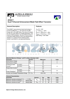 AO4817 datasheet - Dual P-Channel Enhancement Mode Field Effect Transistor