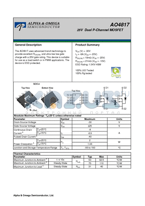 AO4817 datasheet - 25V Dual P-Channel MOSFET