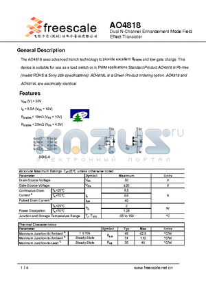 AO4818 datasheet - Dual N-Channel Enhancement Mode Field Effect Transistor