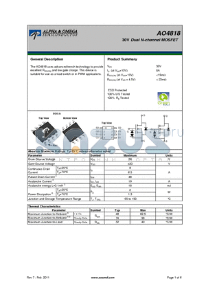 AO4818 datasheet - 30V Dual N-channel MOSFET