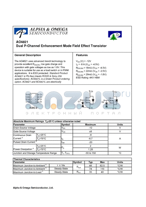 AO4821 datasheet - Dual P-Channel Enhancement Mode Field Effect Transistor