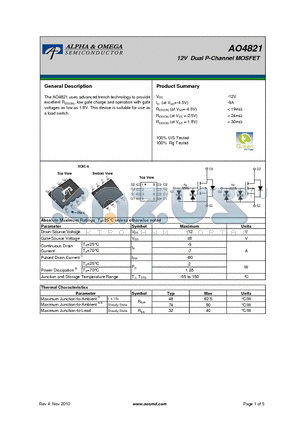 AO4821 datasheet - 12V Dual P-Channel MOSFET