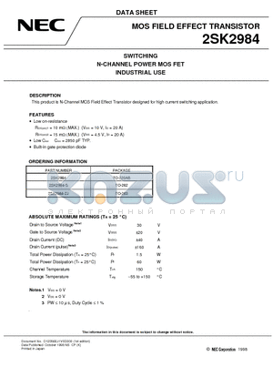 2SK2984 datasheet - SWITCHING N-CHANNEL POWER MOS FET INDUSTRIAL USE