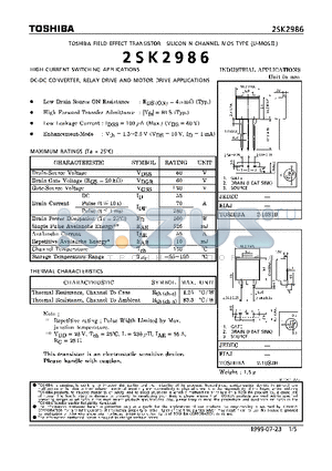 2SK2986 datasheet - N CHANNEL MOS TYPE (HIGH SPEED, HIGH VOLTAGE SWITCHING, DC-DC CONVERTER, RELAY DRIVE AND MOTOR DRIVE APPLICATIONS)