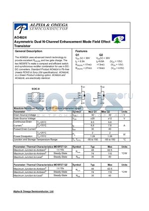 AO4824 datasheet - Asymmetric Dual N-Channel Enhancement Mode Field Effect Transistor