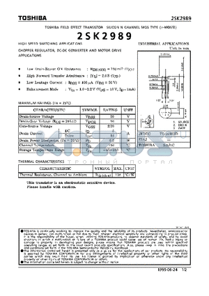 2SK2989 datasheet - N CHANNEL MOS TYPE (HIGH SPEED SWITCHING, CHOPPER REGULATOR, DC-DC CONVERTER,AND MOTOR DRIVE APPLICATIONS)
