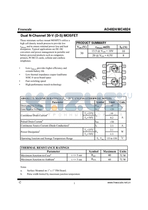 AO4824 datasheet - Dual N-Channel 30-V (D-S) MOSFET High performance trench technology