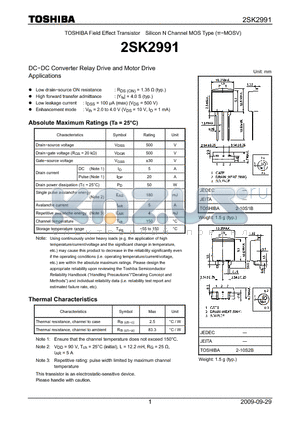 2SK2991 datasheet - DC−DC Converter Relay Drive and Motor Drive Applications