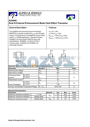 AO4840 datasheet - Dual N-Channel Enhancement Mode Field Effect Transistor