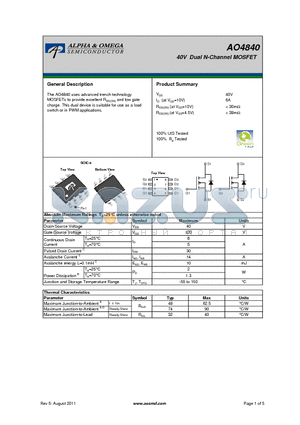 AO4840 datasheet - 40V Dual N-Channel MOSFET