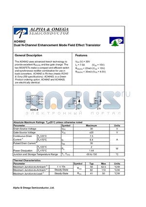 AO4842 datasheet - Dual N-Channel Enhancement Mode Field Effect Transistor