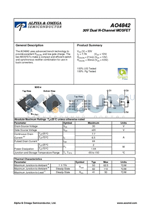 AO4842 datasheet - 30V Dual N-Channel MOSFET