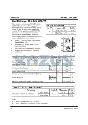AO4842 datasheet - Dual N-Channel 30-V (D-S) MOSFET High power and current handling capability