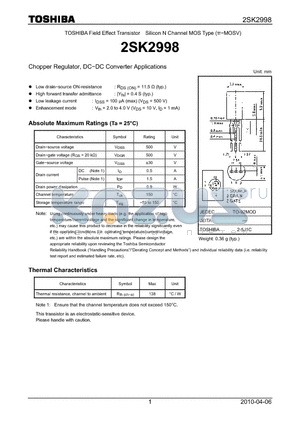 2SK2998 datasheet - Chopper Regulator, DC−DC Converter Applications