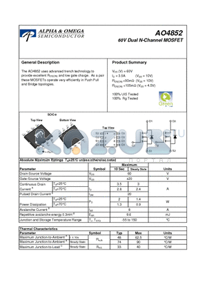 AO4852 datasheet - 60V Dual N-Channel MOSFET