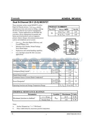 AO4854L datasheet - Dual N-Channel 30-V (D-S) MOSFET High power and current handling capability
