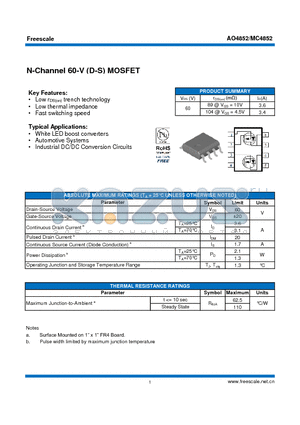 AO4852 datasheet - N-Channel 60-V (D-S) MOSFET White LED boost converters