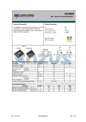 AO4884 datasheet - 40V Dual N-Channel MOSFET