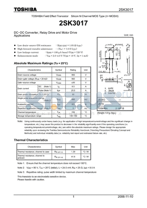 2SK3017 datasheet - Silicon N Channel MOS Type DC−DC Converter, Relay Drive and Motor Drive Applications