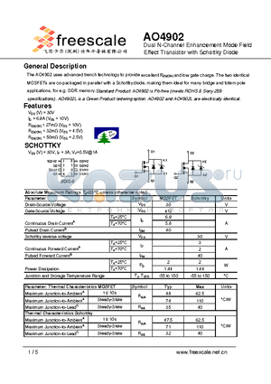 AO4902 datasheet - Dual N-Channel Enhancement Mode Field Effect Transistor with Schottky Diode