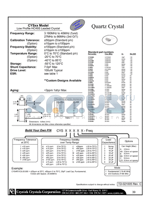 CYS2D21A-20.000 datasheet - Quartz Crystal Low Profile HC49S Leaded Crystal