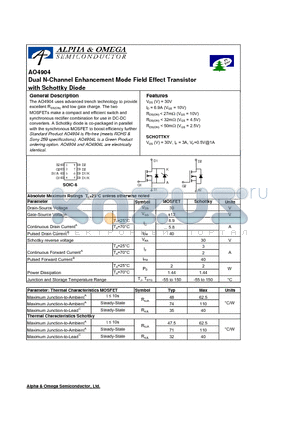 AO4904 datasheet - Dual N-Channel Enhancement Mode Field Effect Transistor with Schottky Diode