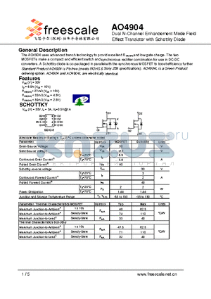 AO4904 datasheet - Dual N-Channel Enhancement Mode Field Effect Transistor with Schottky Diode