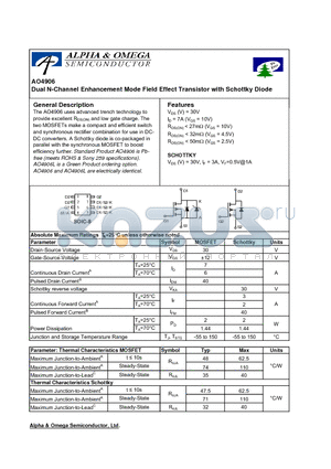 AO4906 datasheet - Dual N-Channel Enhancement Mode Field Effect Transistor with Schottky Diode