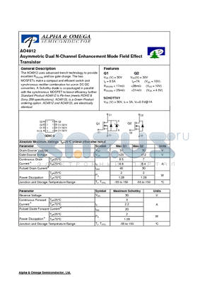 AO4912 datasheet - Asymmetric Dual N-Channel Enhancement Mode Field Effect Transistor