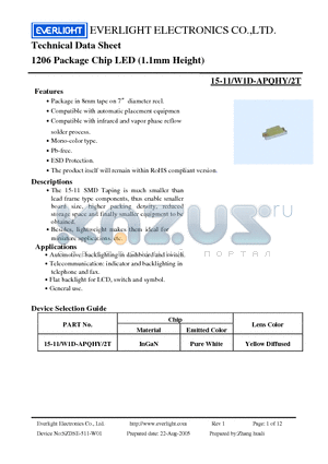 15-11-W1D-APQHY-2T datasheet - 1206 Package Chip LED (1.1mm Height)