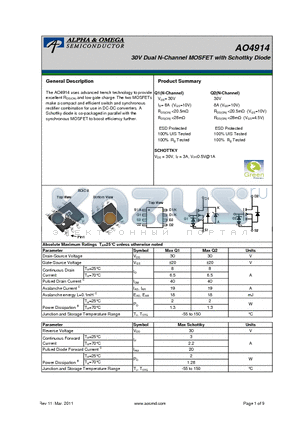 AO4914 datasheet - 30V Dual N-Channel MOSFET with Schottky Diode