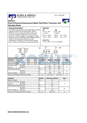 AO4914 datasheet - Dual N-Channel Enhancement Mode Field Effect Transistor with Schottky Diode