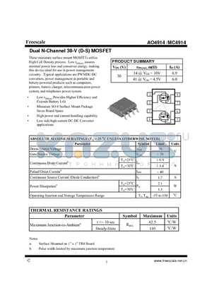 AO4914 datasheet - Dual N-Channel 30-V (D-S) MOSFET High power and current handling capability