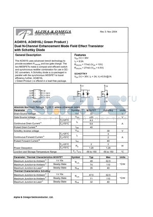 AO4916 datasheet - Dual N-Channel Enhancement Mode Field Effect Transistor with Schottky Diode