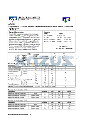 AO4922 datasheet - Asymmetric Dual N-Channel Enhancement Mode Field Effect Transistor
