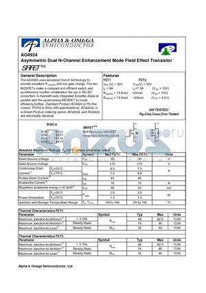AO4924 datasheet - Asymmetric Dual N-Channel Enhancement Mode Field Effect Transistor