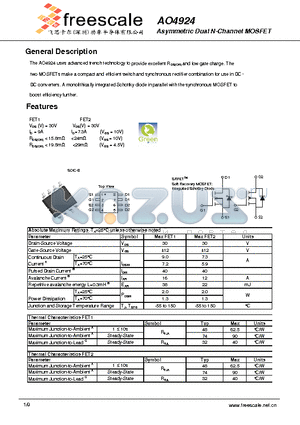 AO4924 datasheet - Asymmetric Dual N-Channel MOSFET