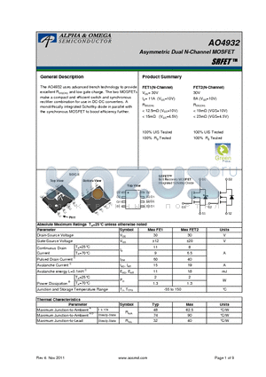 AO4932 datasheet - Asymmetric Dual N-Channel MOSFET