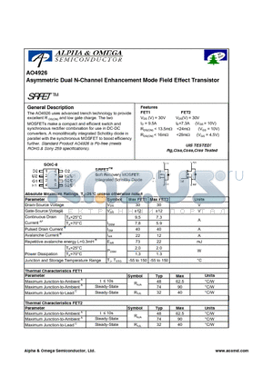 AO4926 datasheet - Asymmetric Dual N-Channel Enhancement Mode Field Effect Transistor