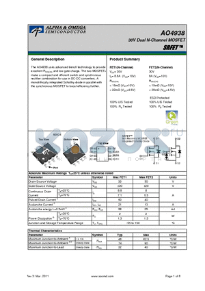 AO4938 datasheet - 30V Dual N-Channel MOSFET