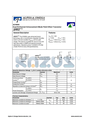 AO4944 datasheet - Dual N-Channel Enhancement Mode Field Effect Transistor