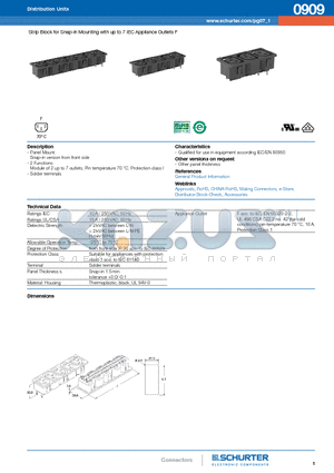 0909 datasheet - Strip Block for Snap-in Mounting with up to 7 IEC Appliance Outlets F