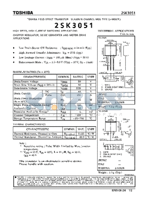 2SK3051 datasheet - N CHANNEL MOS TYPE (HIGH SPEED, HIGH CURRENT SWITCHING, CHOPPER REGULATOR, DC-DC CONVERTER AND MOTOR DRIVE APPLICATIONS)