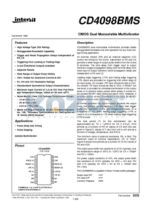 CD4098BMS datasheet - CMOS Dual Monostable Multivibrator