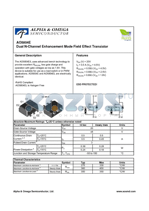 AO5804E datasheet - Dual N-Channel Enhancement Mode Field Effect Transistor