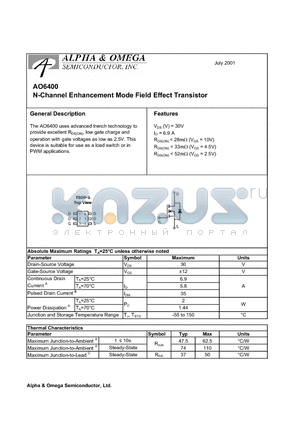 AO6400 datasheet - N-Channel Enhancement Mode Field Effect Transistor