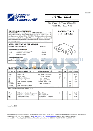 0910-300M datasheet - 300 Watts - 50 Volts, 150us, 5% Radar 890 - 1000 MHz