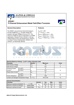 AO6401 datasheet - P-Channel Enhancement Mode Field Effect Transistor