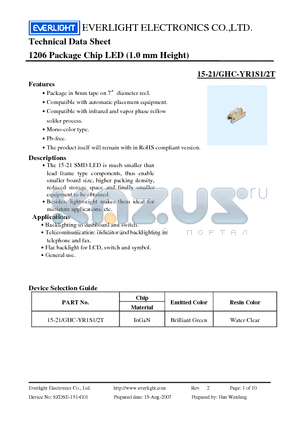 15-21/GHC-YR1S1/2T datasheet - 1206 Package Chip LED (1.0 mm Height)